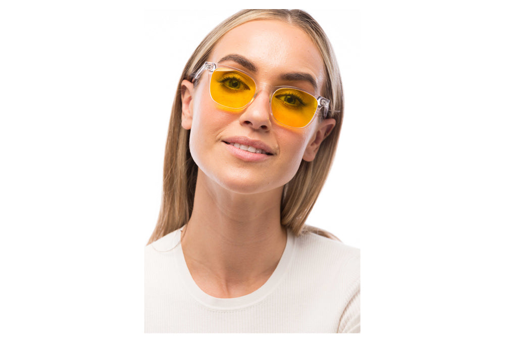 Woman Wearing Crystal Light Sensitivity Glasses Prescription