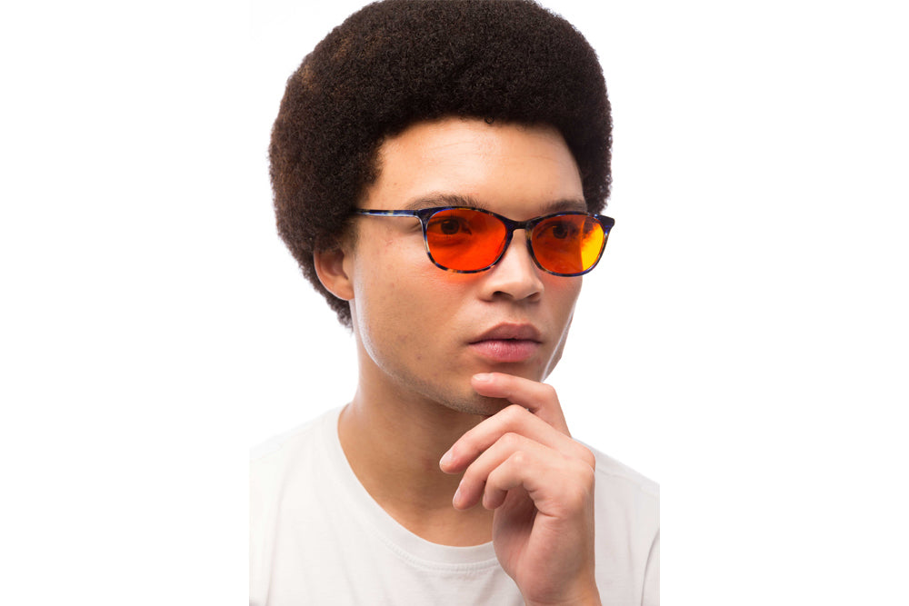 Man Wearing Galaxy Blue Light Blocking Glasses Prescription