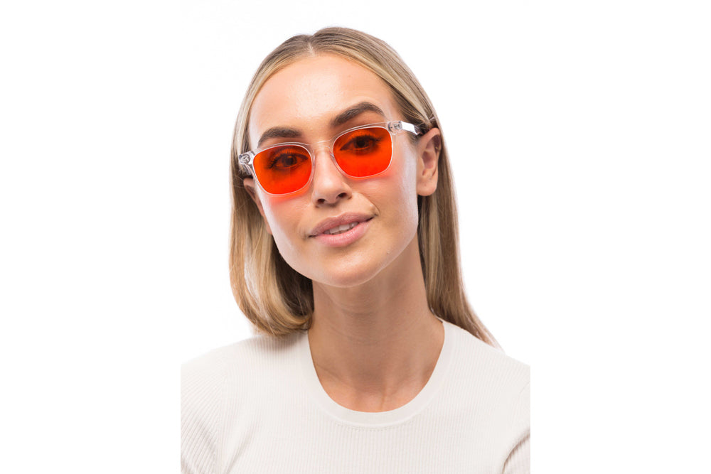 Woman Wearing Crystal Blue Light Blocking Glasses Readers