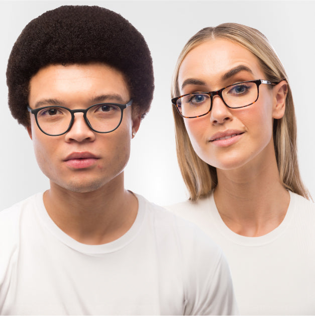 male and female wearing a pair of clear lens, Computer Glasses